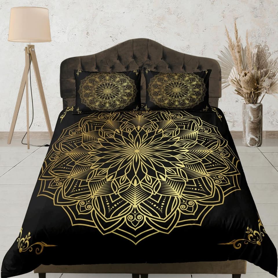 Line art golden mandala black duvet cover boho bedding set full, queen, king, dorm bedding, aesthetic room indian bedsprea…