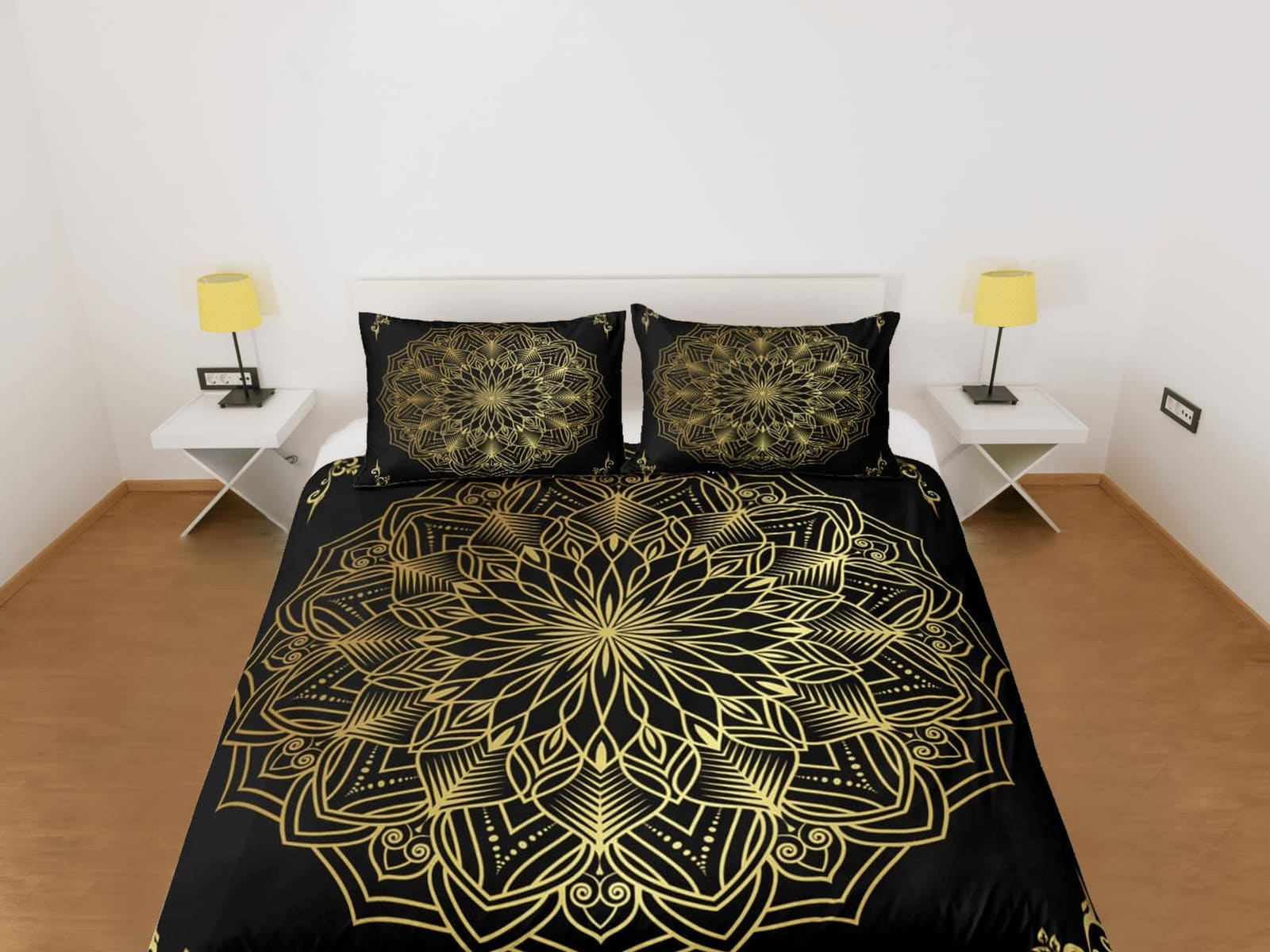 Line art golden mandala black duvet cover boho bedding set full, queen, king, dorm bedding, aesthetic room indian bedsprea…