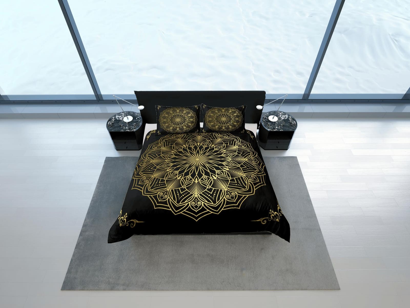 Line art golden mandala black duvet cover boho bedding set full, queen, king, dorm bedding, aesthetic room indian bedsprea…