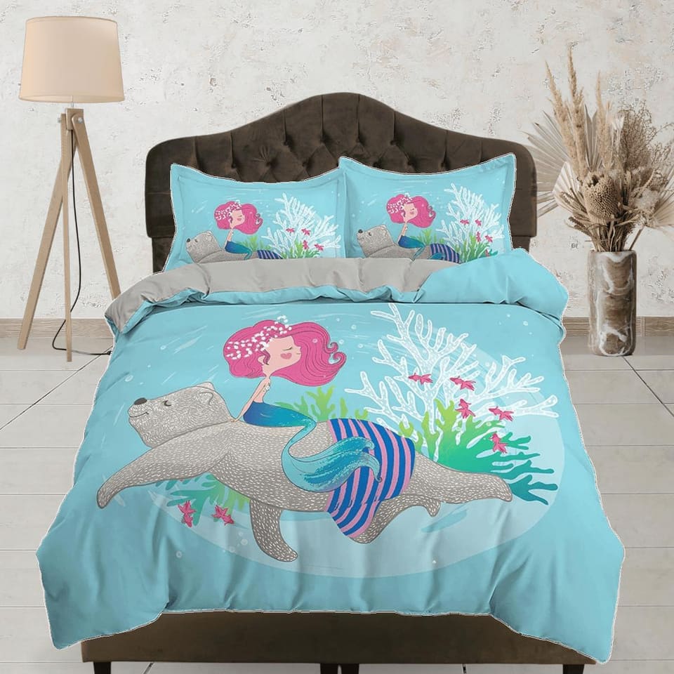 Little mermaid and grizzly bear, toddler bedding, unique duvet cover, crib bedding & pillowcase, baby zipper bedding, king…