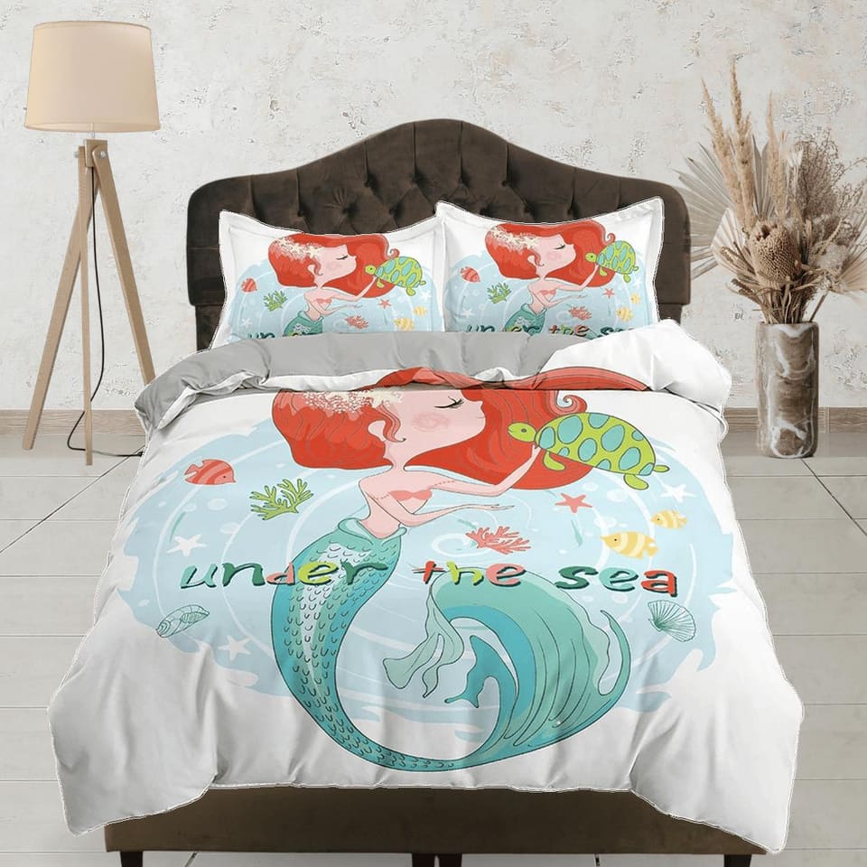 Little mermaid and turtle friend fairytale toddler bedding, unique duvet cover kids, crib bedding, baby zipper bedding, ki…