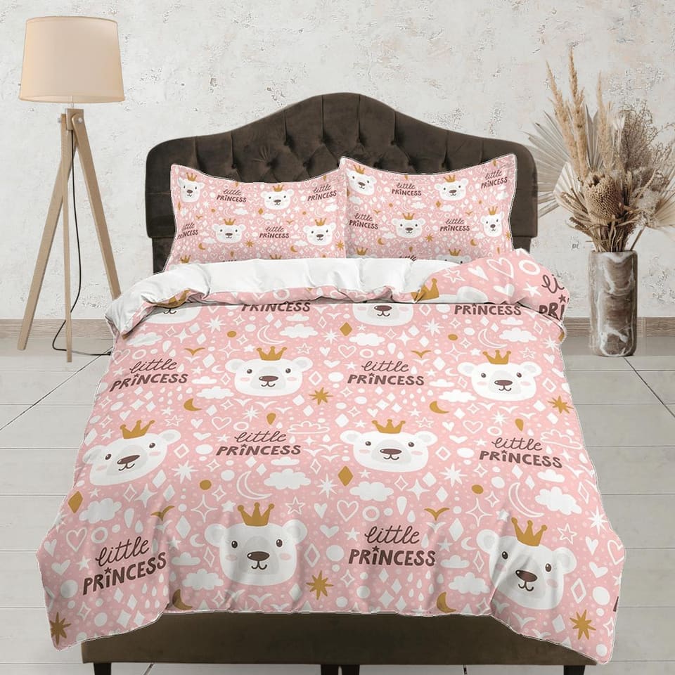 Little princess and cute polar bear, pink toddler bedding, duvet cover nursery kids, crib bedding, baby zipper bedding, ki…