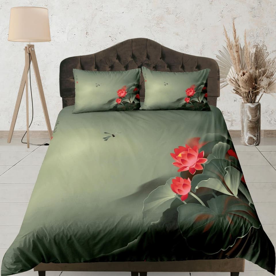 Lotus floral green duvet cover colorful bedding, teen girl bedroom, baby girl crib bedding boho maximalist bedspread aesth…