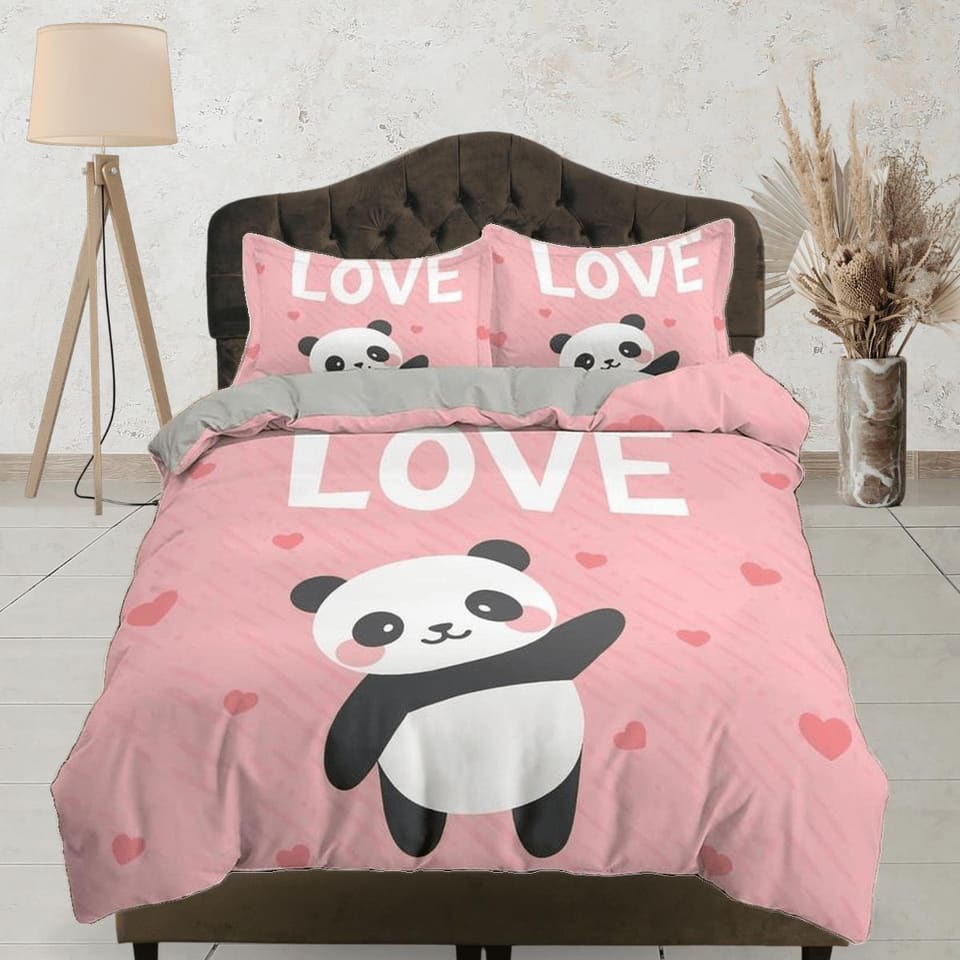 Love panda pink duvet cover set for kids, bedding set full, king, queen, dorm bedding, toddler bedding aesthetic panda lov…