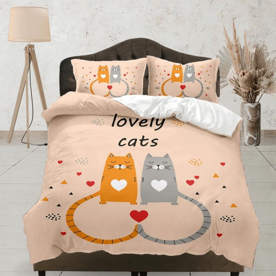 Lovely couple cat bedding, toddler bedding, kids duvet cover set, gift for cat lovers, baby bedding, baby shower gift, ora…