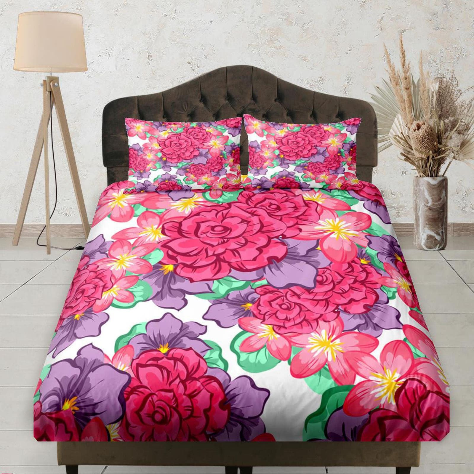 Lovely Hot Pink Flowers Fitted Sheet Deep Pocket, Floral Prints, Aesthetic Boho Bedding Set Full, Elastic Bedsheet, Dorm B…
