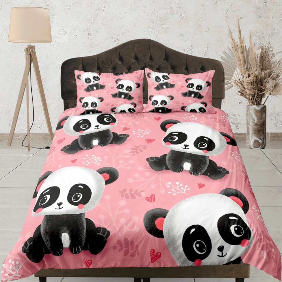 Lovely panda pink duvet cover for kids, bedding set full, king, queen, dorm bedding, toddler bedding, aesthetic bedspread,…