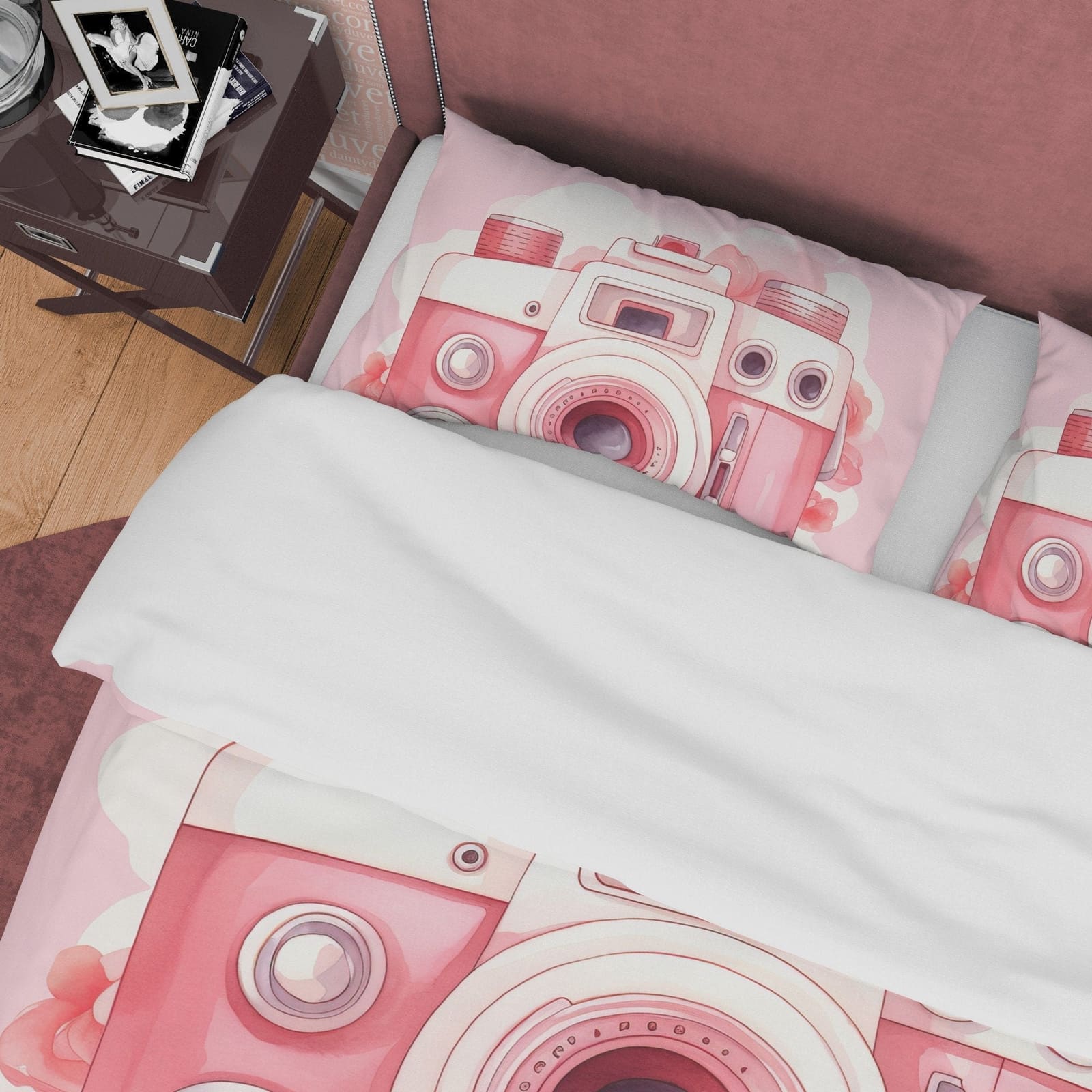 Lovely Retro Camera Duvet Cover Set Baby Pink Bedding, Girly Bedroom Set, Cute Quilt Cover, Photophille Bedspread, Photogr…