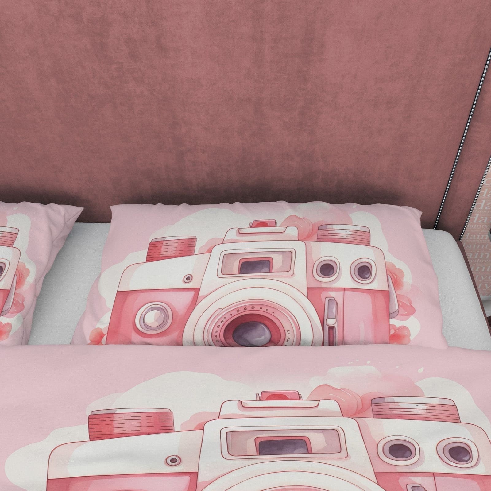 Lovely Retro Camera Duvet Cover Set Baby Pink Bedding, Girly Bedroom Set, Cute Quilt Cover, Photophille Bedspread, Photogr…