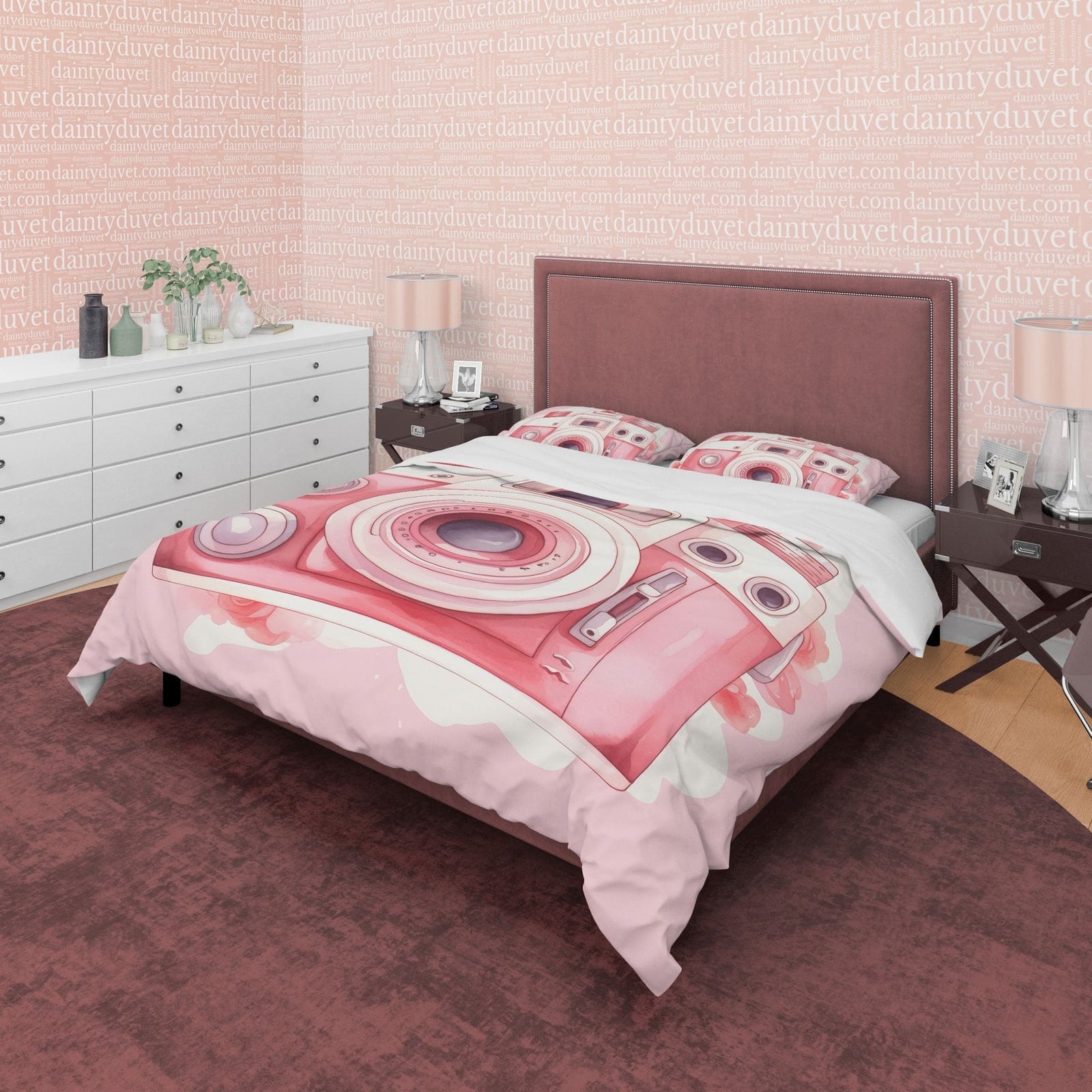 Lovely Retro Camera Duvet Cover Set Baby Pink Bedding, Girly Bedroom Set, Cute Quilt Cover, Photophille Bedspread, Photogr…