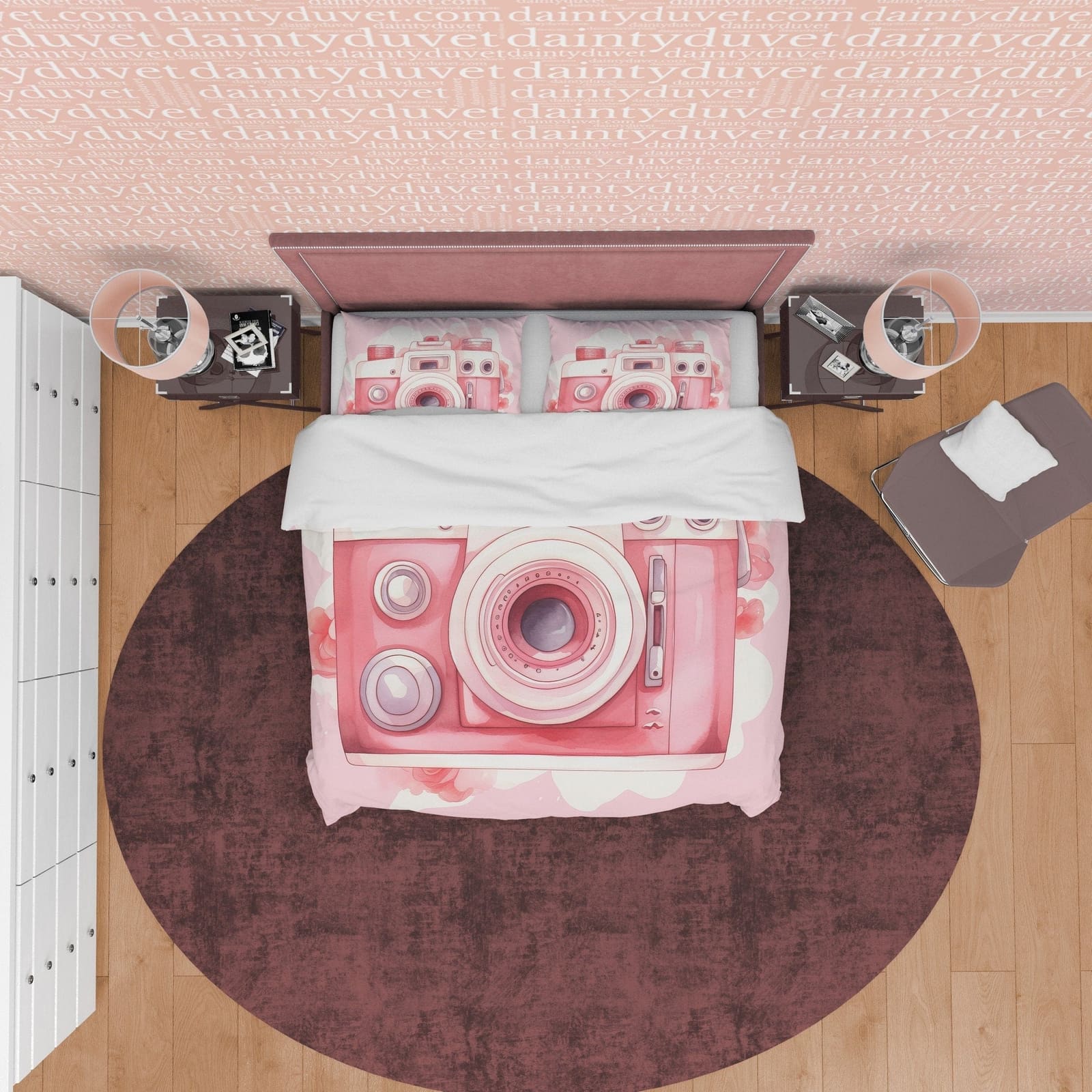 Lovely Retro Camera Duvet Cover Set Baby Pink Bedding, Girly Bedroom Set, Cute Quilt Cover, Photophille Bedspread, Photogr…