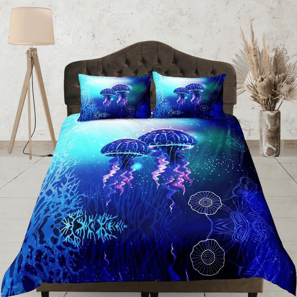 Lover jellyfish bedding blue duvet cover, ocean blush sea animal bedding set full king queen twin crib toddler, college do…