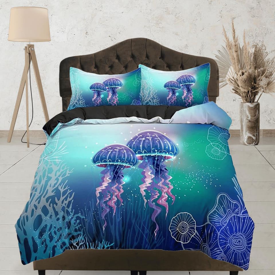 Lover jellyfish bedding blue green duvet cover, ocean blush sea animal bedding set full king queen twin crib toddler, coll…