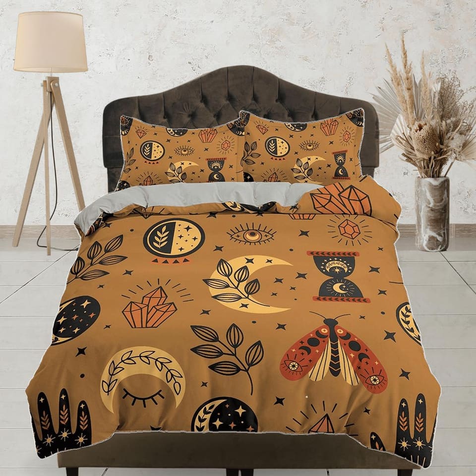 Luna Moth Astrology Boho Brown Bedding, Zodiac Celestial Dorm Bedding, Duvet Cover Set, Aesthetic Duvet Cover King Queen F…