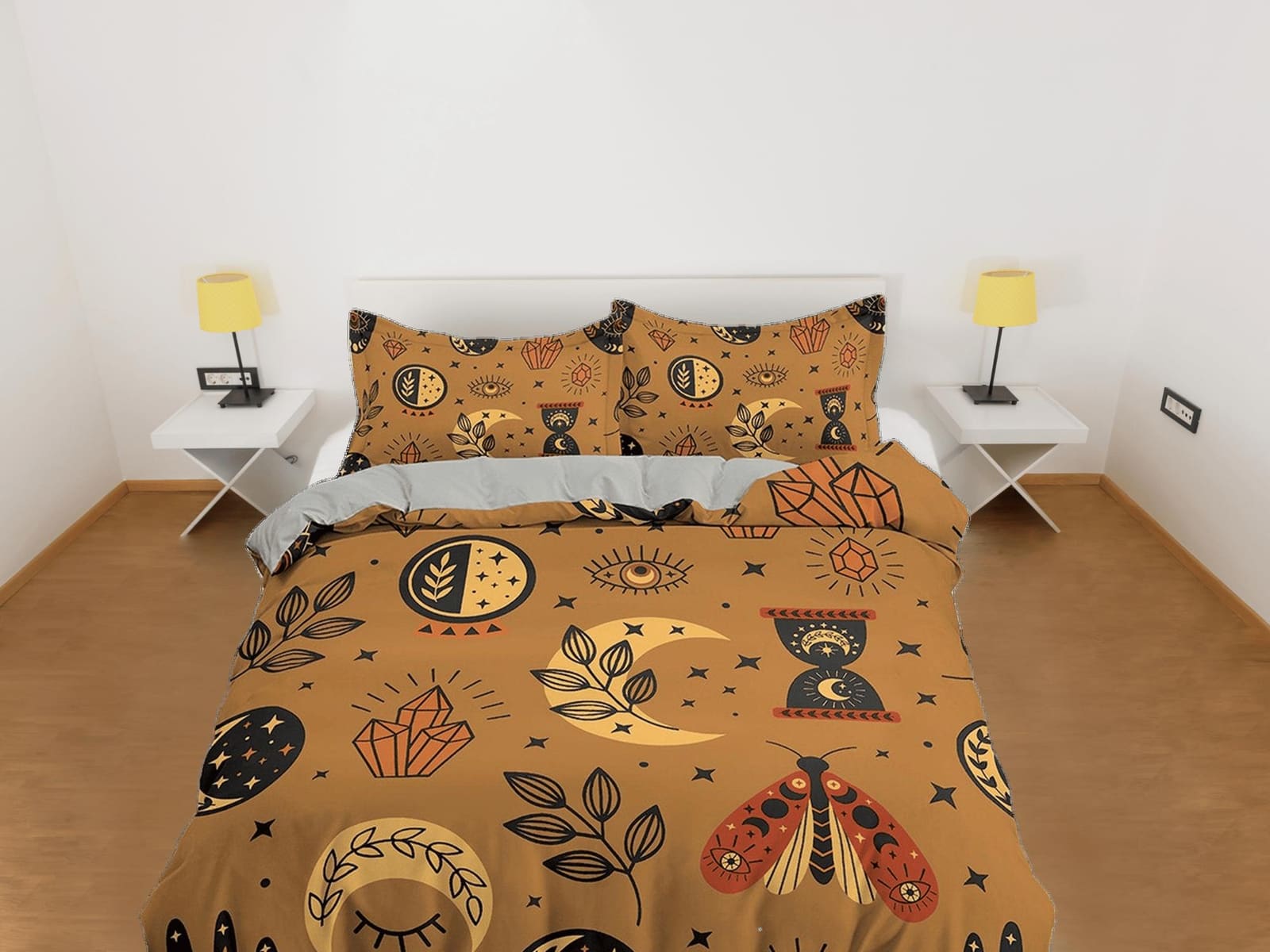 Luna Moth Astrology Boho Brown Bedding, Zodiac Celestial Dorm Bedding, Duvet Cover Set, Aesthetic Duvet Cover King Queen F…