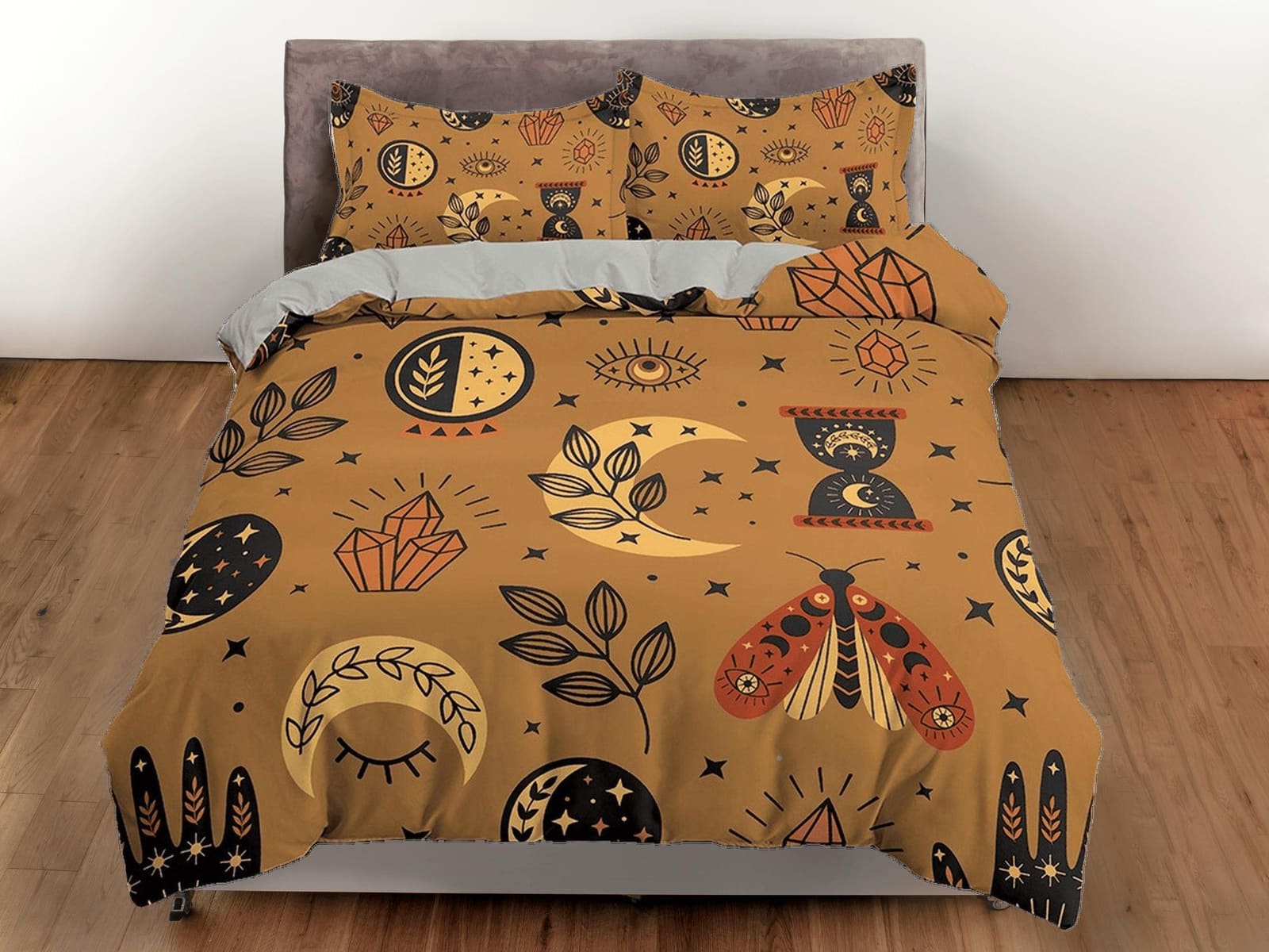 Luna Moth Astrology Boho Brown Bedding, Zodiac Celestial Dorm Bedding, Duvet Cover Set, Aesthetic Duvet Cover King Queen F…