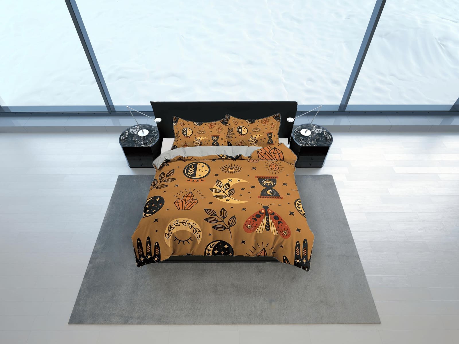 Luna Moth Astrology Boho Brown Bedding, Zodiac Celestial Dorm Bedding, Duvet Cover Set, Aesthetic Duvet Cover King Queen F…