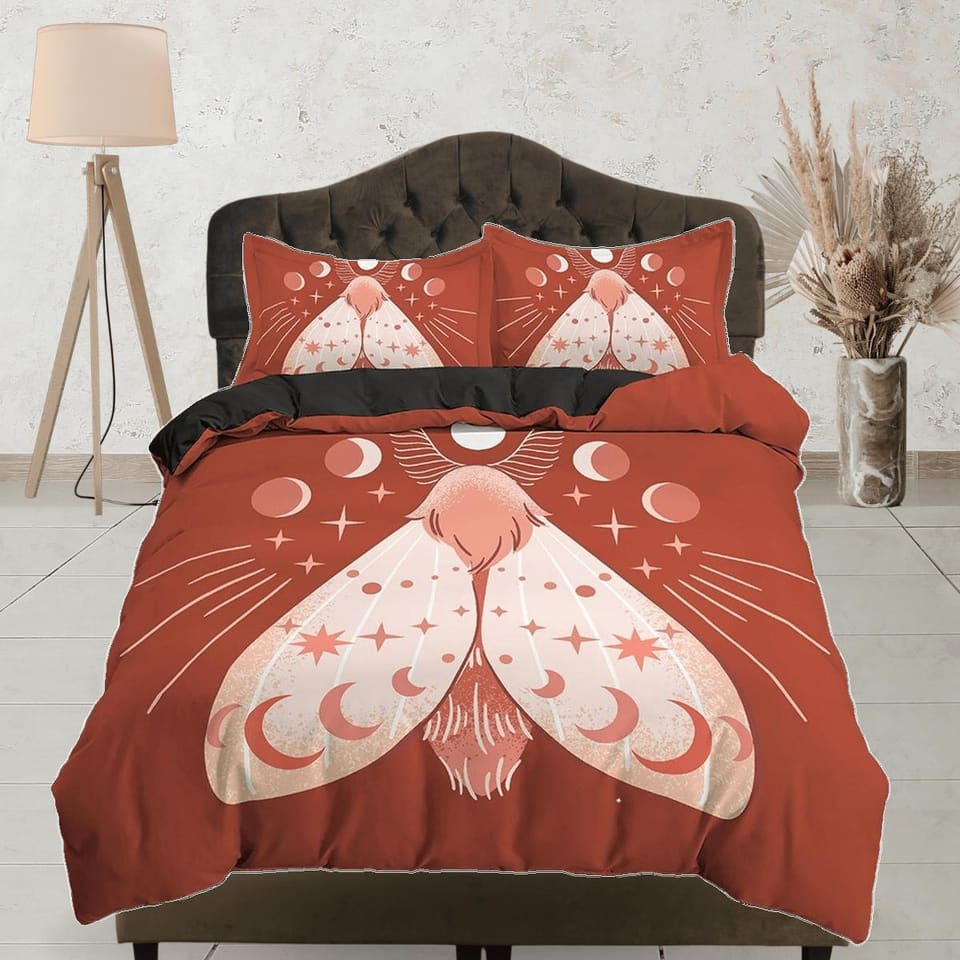 Luna Moth Burnt Orange Boho Bedding, Zodiac Gift Celestial Dorm Bedding, Astrology Duvet Cover Set, Aesthetic Duvet King Q…