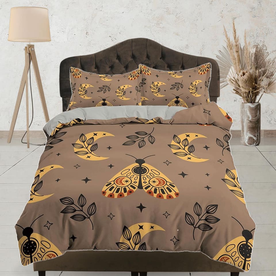 Luna Moth Nordic Bedding, Crescent Moon and Stars, Bohemian Dorm Bedding, Duvet Cover Set, Aesthetic Duvet King Queen Full…