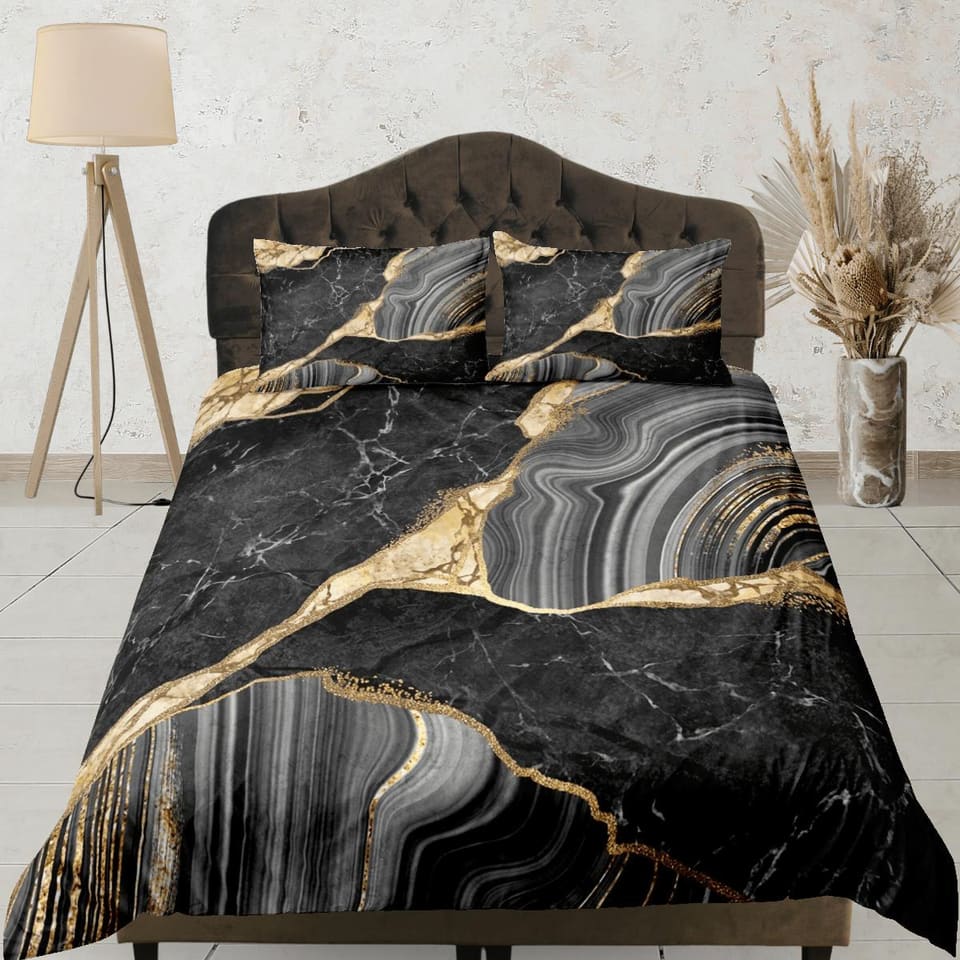 Luxury black gold marble aesthetic duvet cover, abstract art room decor, contemporary bedroom set boho chic bedding set fu…