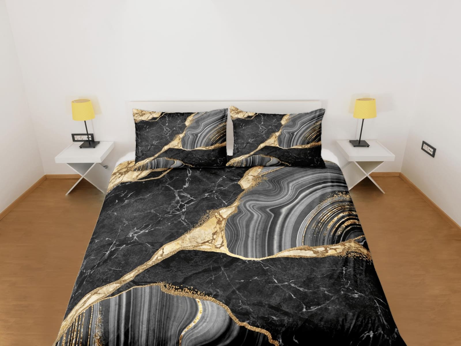Luxury black gold marble aesthetic duvet cover, abstract art room decor, contemporary bedroom set boho chic bedding set fu…