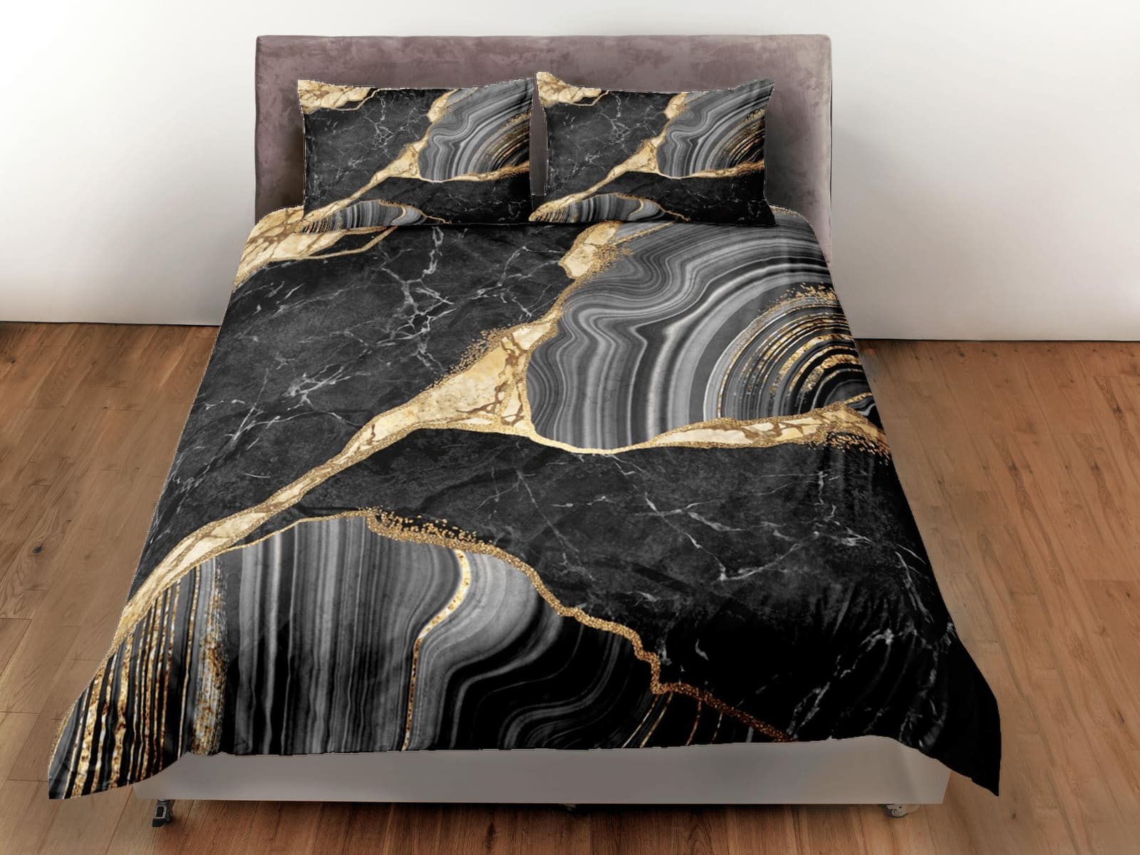 Luxury black gold marble aesthetic duvet cover, abstract art room decor, contemporary bedroom set boho chic bedding set fu…