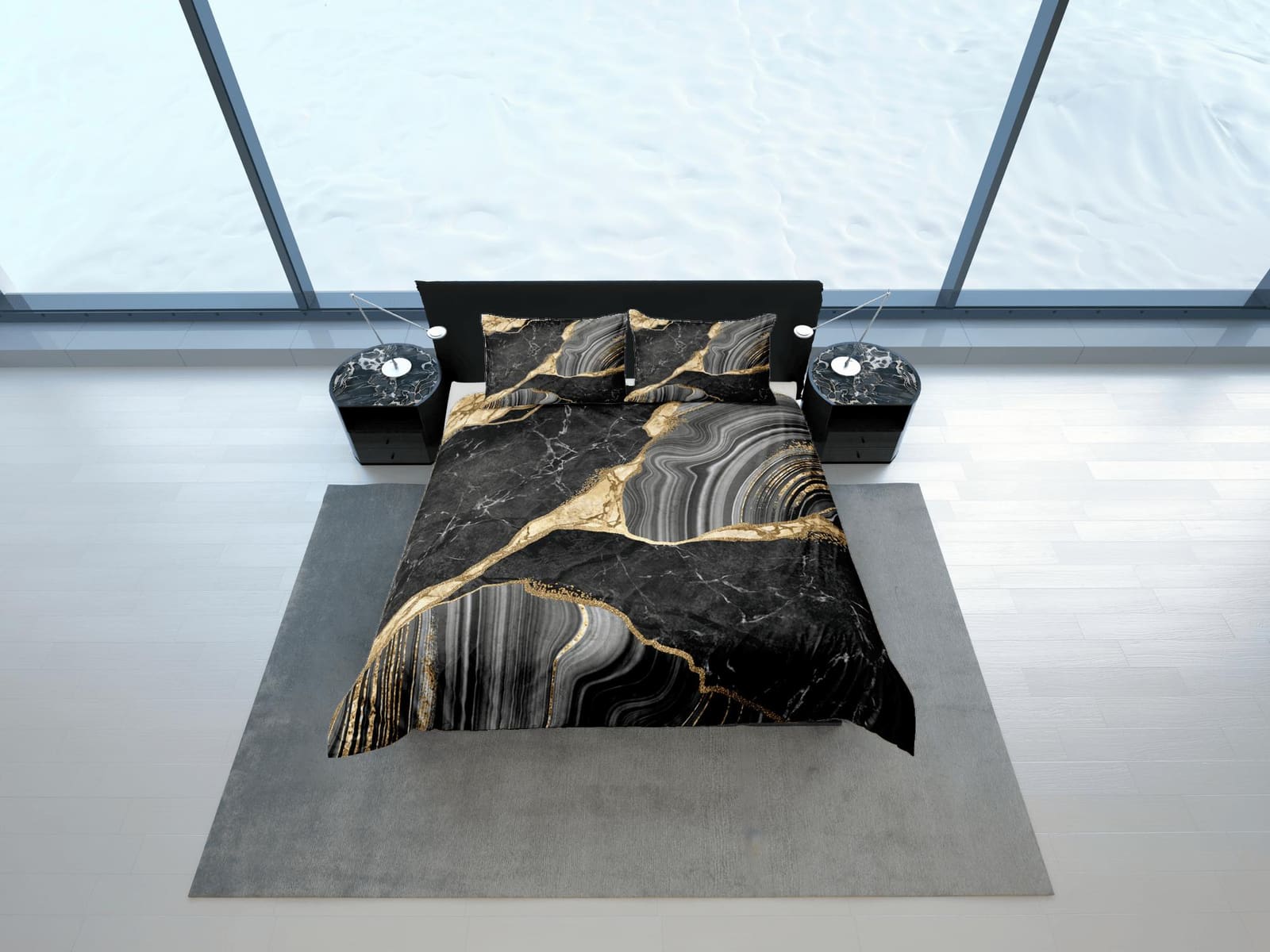 Luxury black gold marble aesthetic duvet cover, abstract art room decor, contemporary bedroom set boho chic bedding set fu…