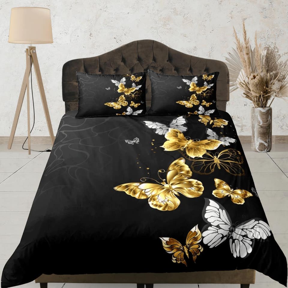 Luxury gold butterfly bedding boho chic aesthetic duvet cover, dorm bedding full size adult duvet king queen twin, nursery…