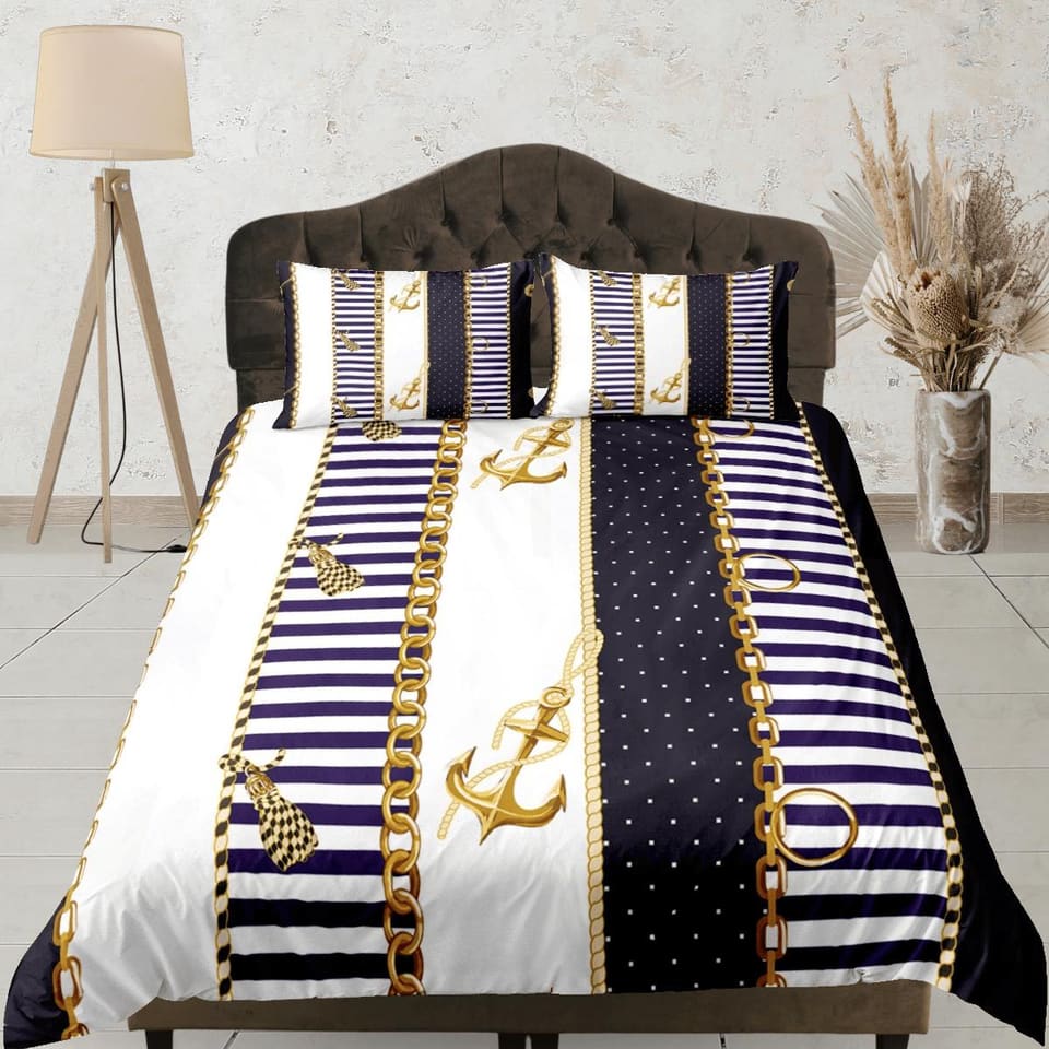 Luxury gold chains anchor nautical duvet cover coastal grandma bedding set full queen king, aesthetic beach room decor, se…