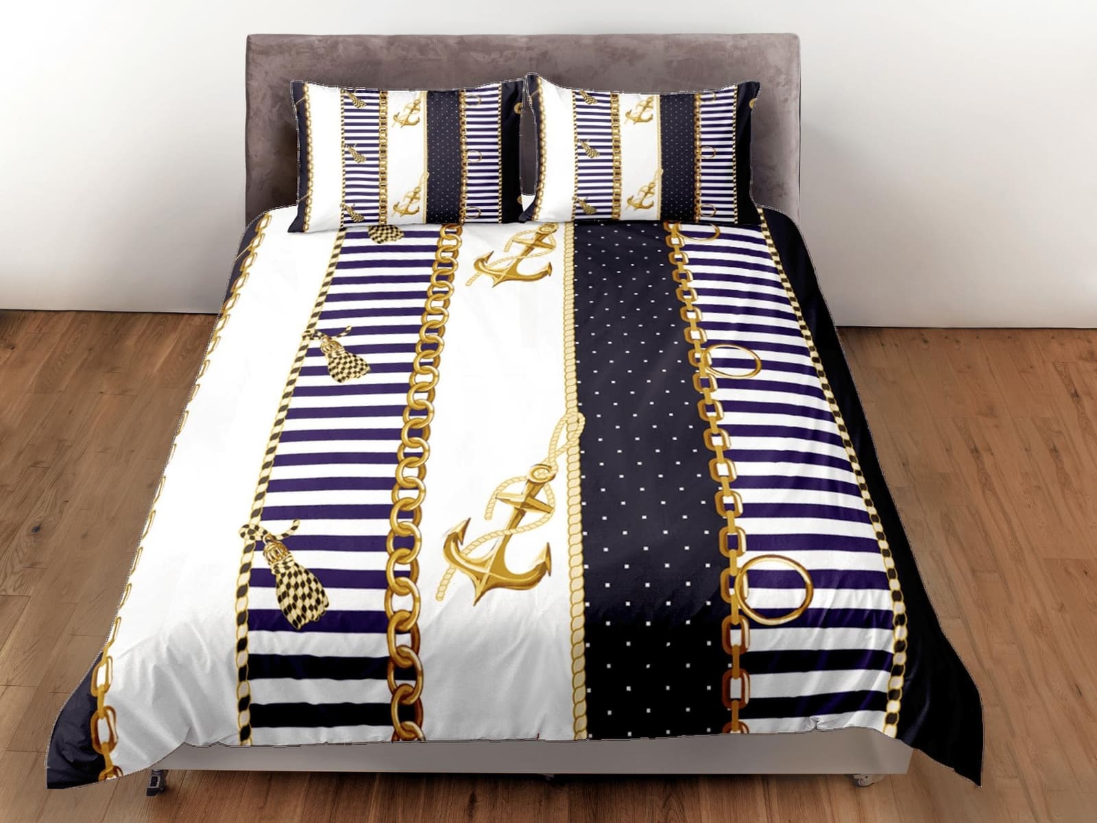 Luxury gold chains anchor nautical duvet cover coastal grandma bedding set full queen king, aesthetic beach room decor, se…