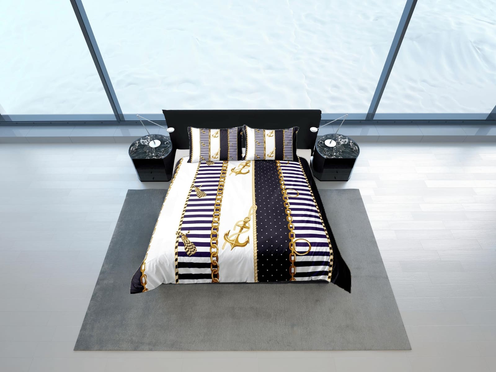 Luxury gold chains anchor nautical duvet cover coastal grandma bedding set full queen king, aesthetic beach room decor, se…