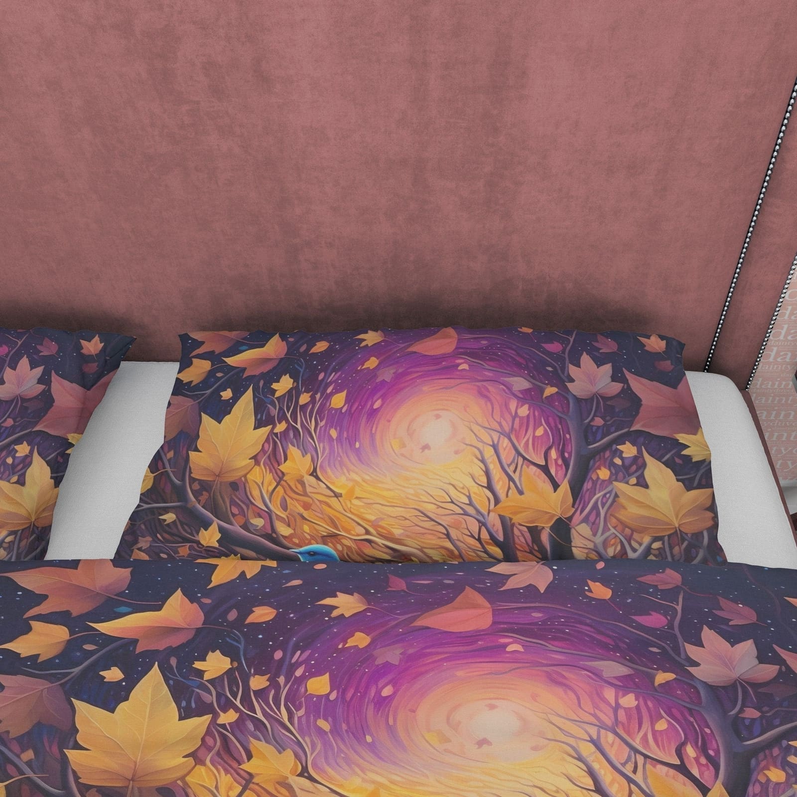 Magical Fall Duvet Cover Blue Bird Autumn Bedding Set, Warm Autumn Colors Printed Quilt Cover, Foliage Bedspread — view 3