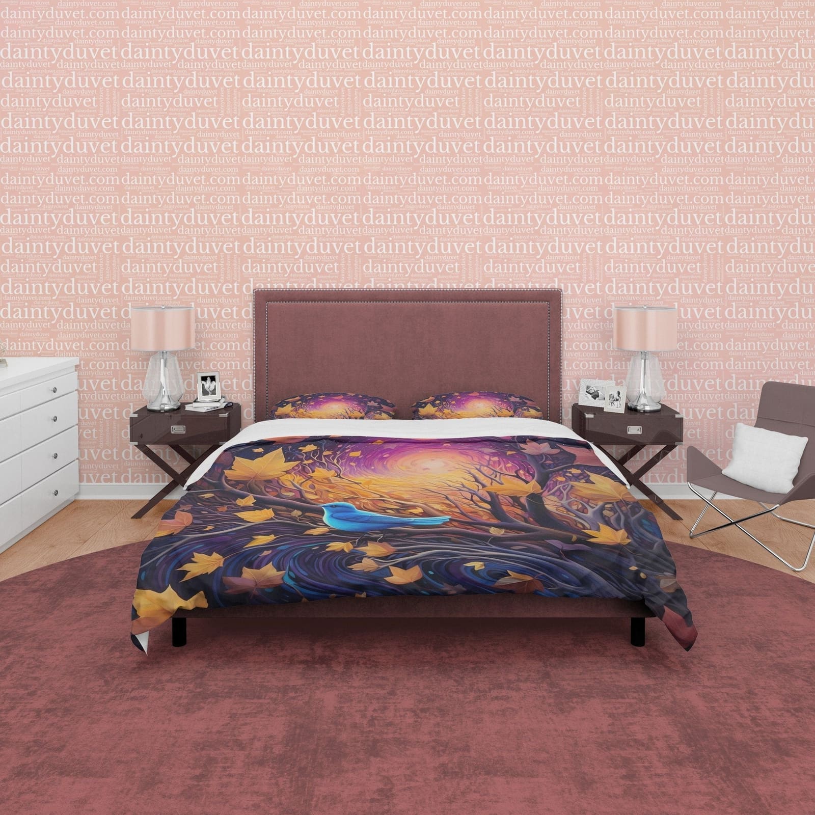 Magical Fall Duvet Cover Blue Bird Autumn Bedding Set, Warm Autumn Colors Printed Quilt Cover, Foliage Bedspread — view 4