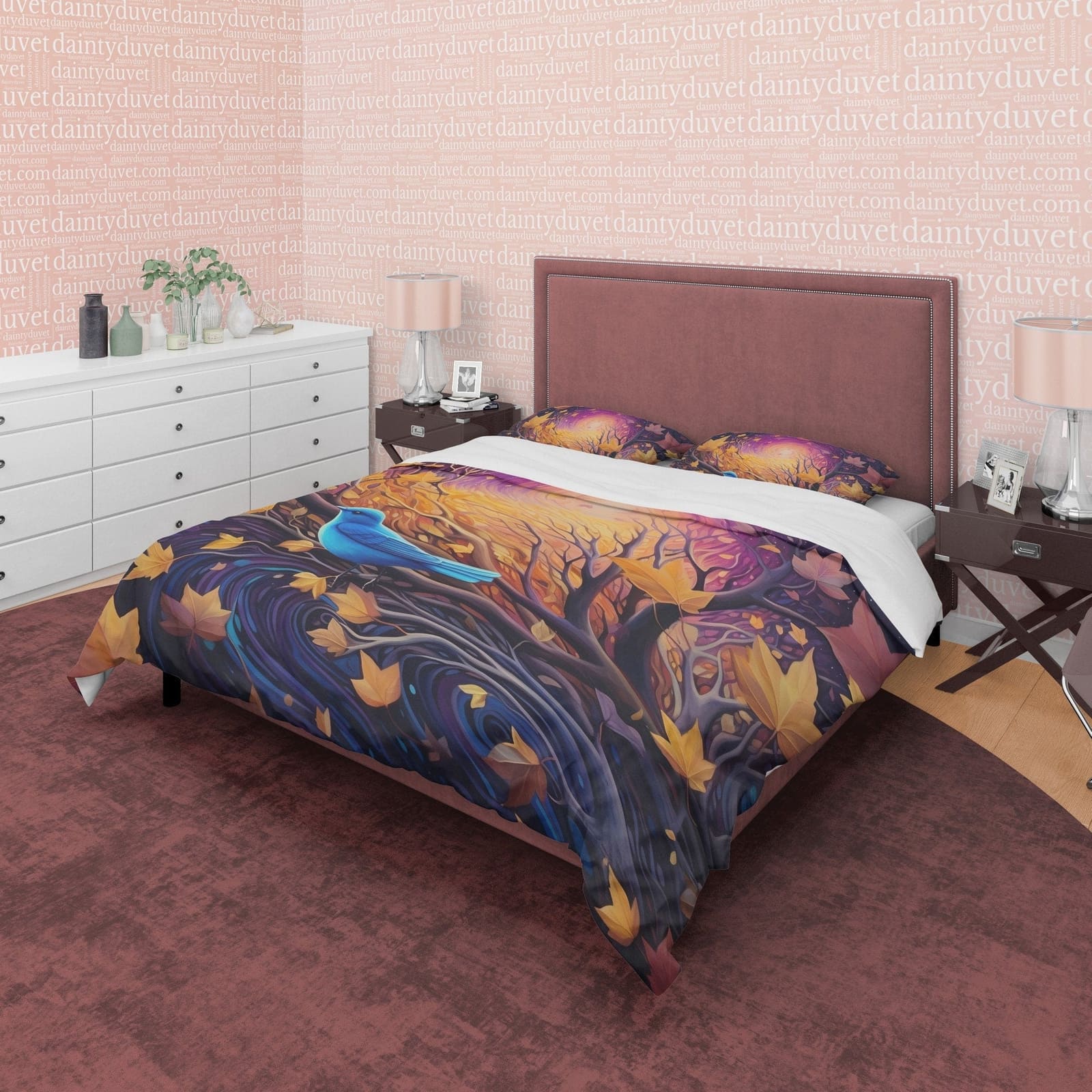 Magical Fall Duvet Cover Blue Bird Autumn Bedding Set, Warm Autumn Colors Printed Quilt Cover, Foliage Bedspread — view 5