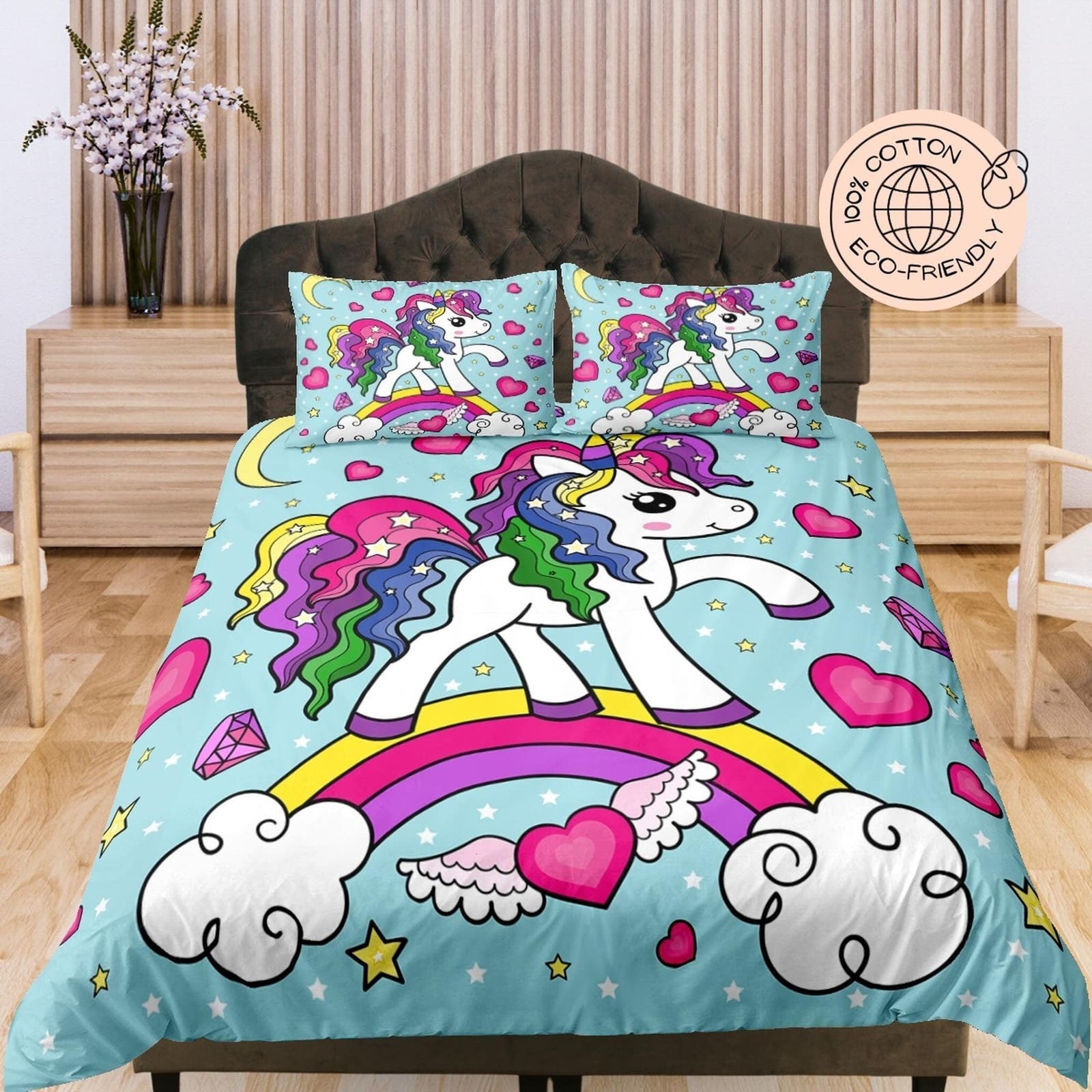 Magical Unicorn Rainbow Cotton Duvet Cover Set for Kids, Colorful Toddler Bedding, Baby Zipper Bedding, Nursery Cotton Bed…