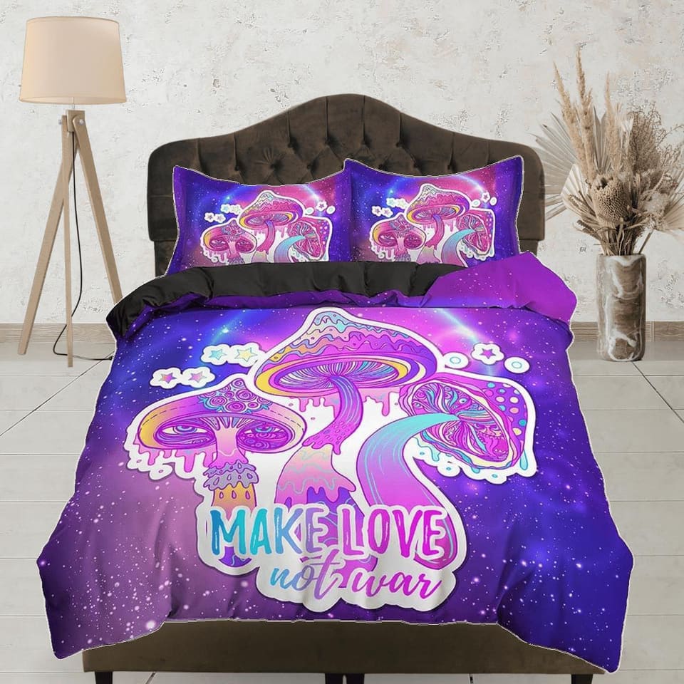 Make love not war psychedelic mushroom duvet cover hippie bedding set full, preppy dorm bedding, indie room decor, aesthet…