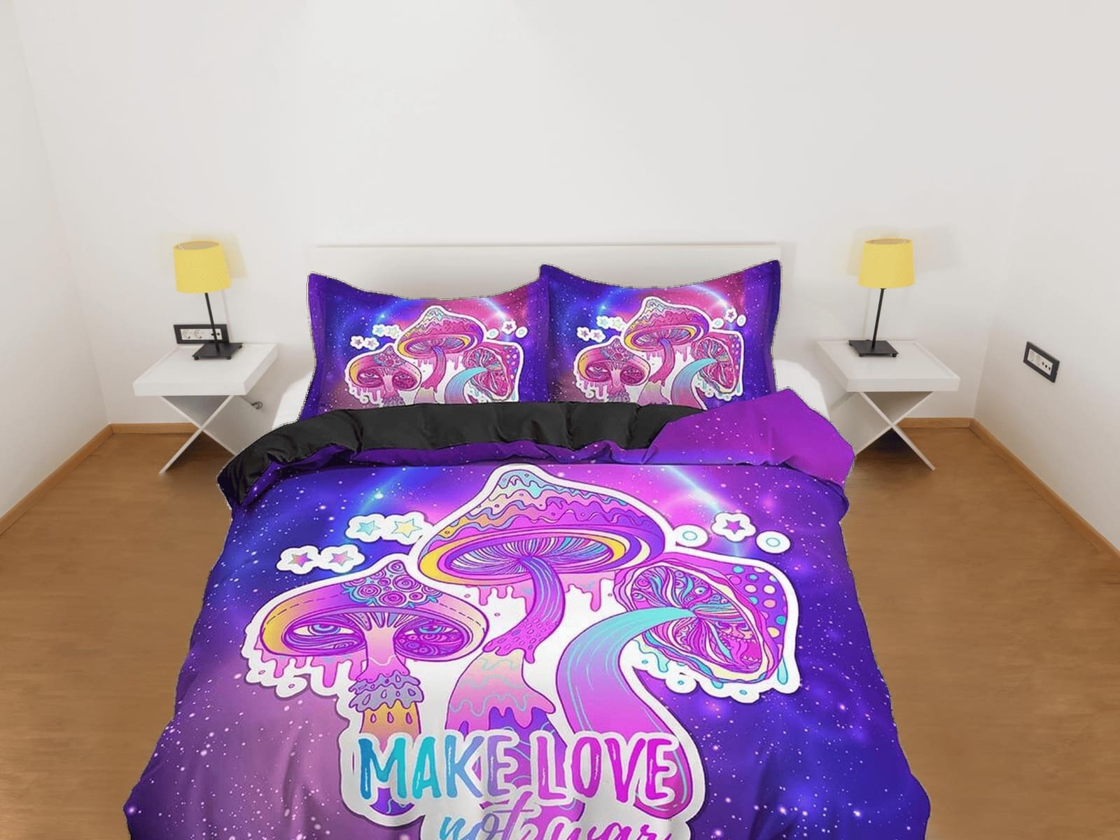 Make love not war psychedelic mushroom duvet cover hippie bedding set full, preppy dorm bedding, indie room decor, aesthet…