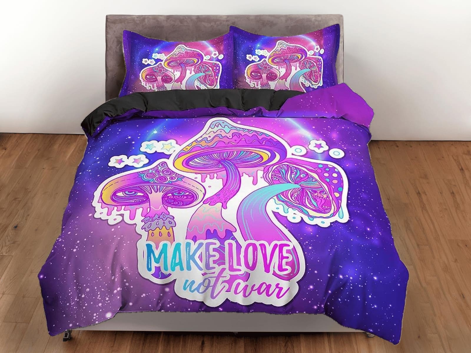 Make love not war psychedelic mushroom duvet cover hippie bedding set full, preppy dorm bedding, indie room decor, aesthet…