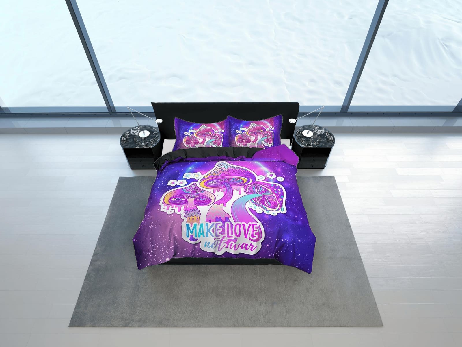 Make love not war psychedelic mushroom duvet cover hippie bedding set full, preppy dorm bedding, indie room decor, aesthet…