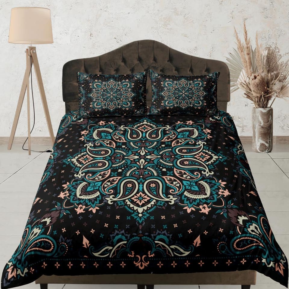 Mandala Bohemian Duvet Cover Set Black Bedspread, Dorm Bedding with Pillowcase