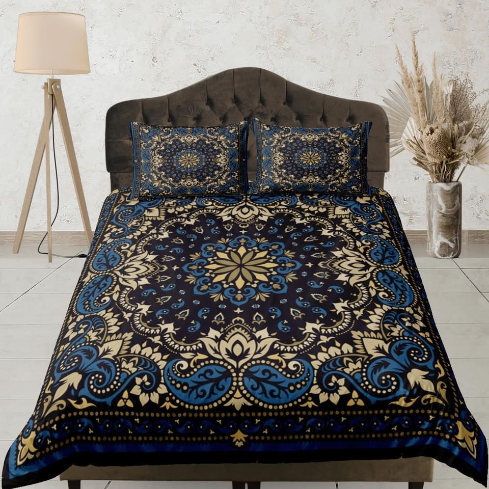 Mandala Bohemian Duvet Cover Set Black Bedspread, Dorm Bedding with Pillowcase