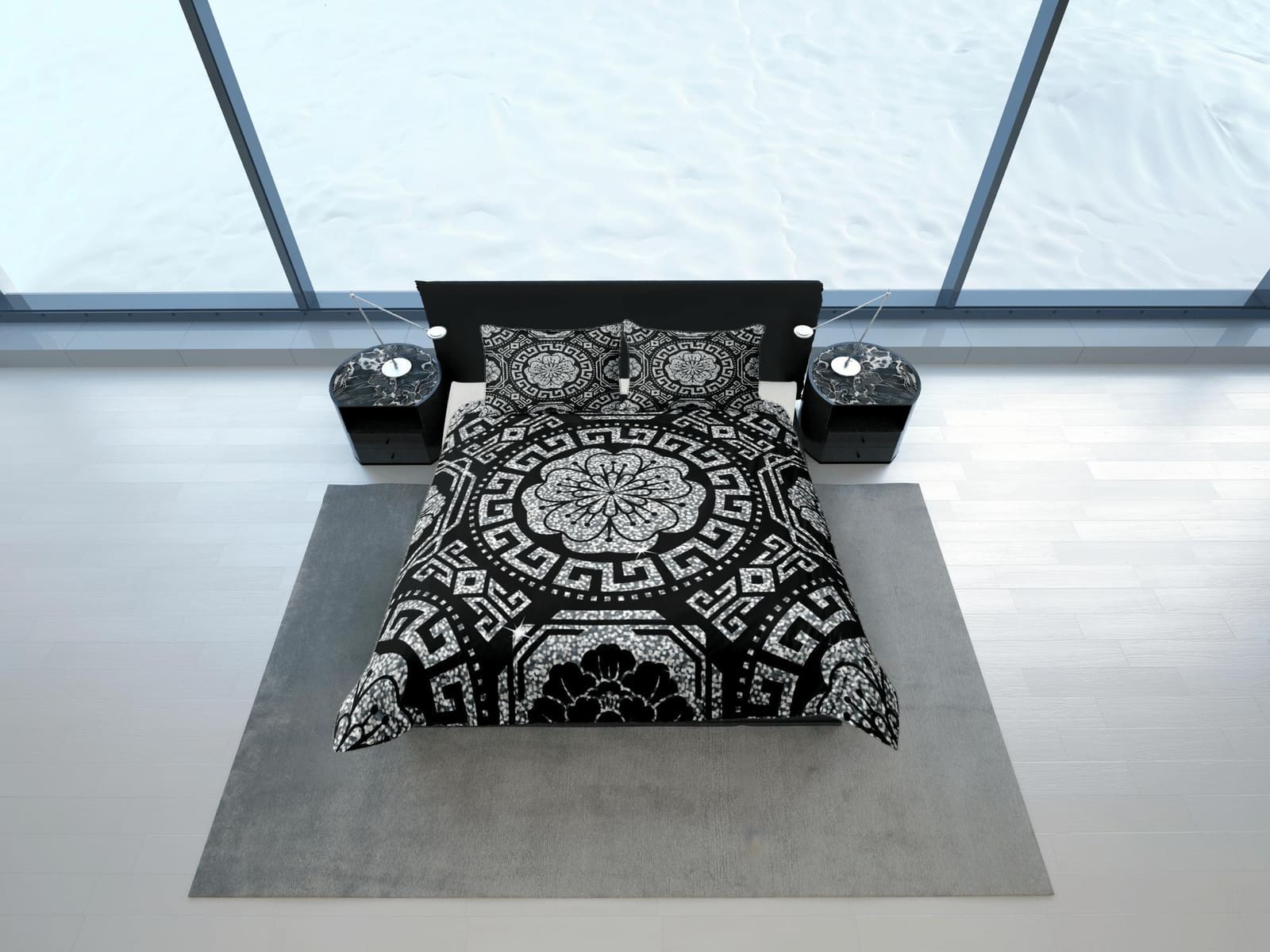Mandala Bohemian Duvet Cover Set Black Bedspread, Dorm Bedding with Pillowcase