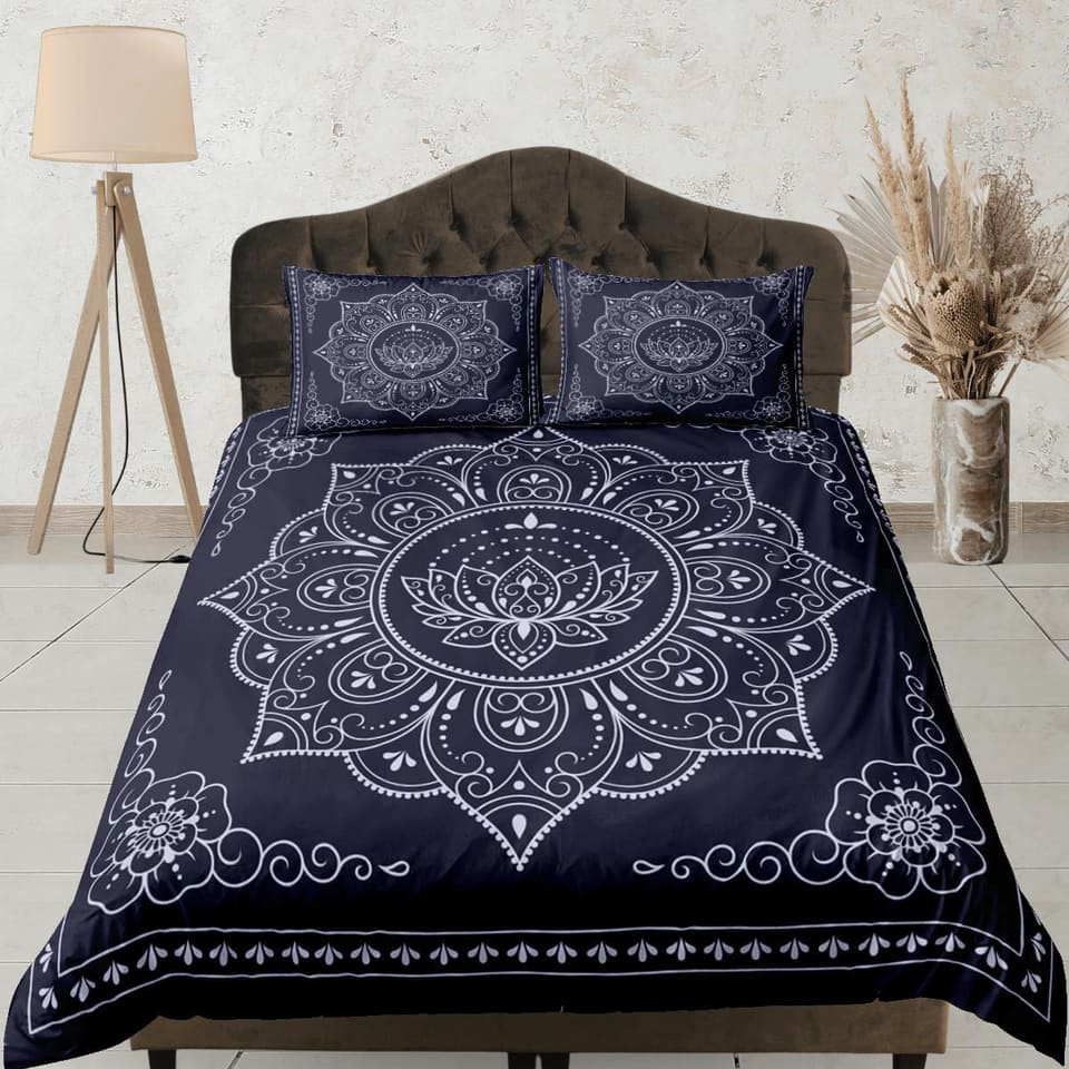 Mandala dark blue duvet cover boho bedding set full, queen, king, dorm bedding, aesthetic room decor indian bedspread maxi…