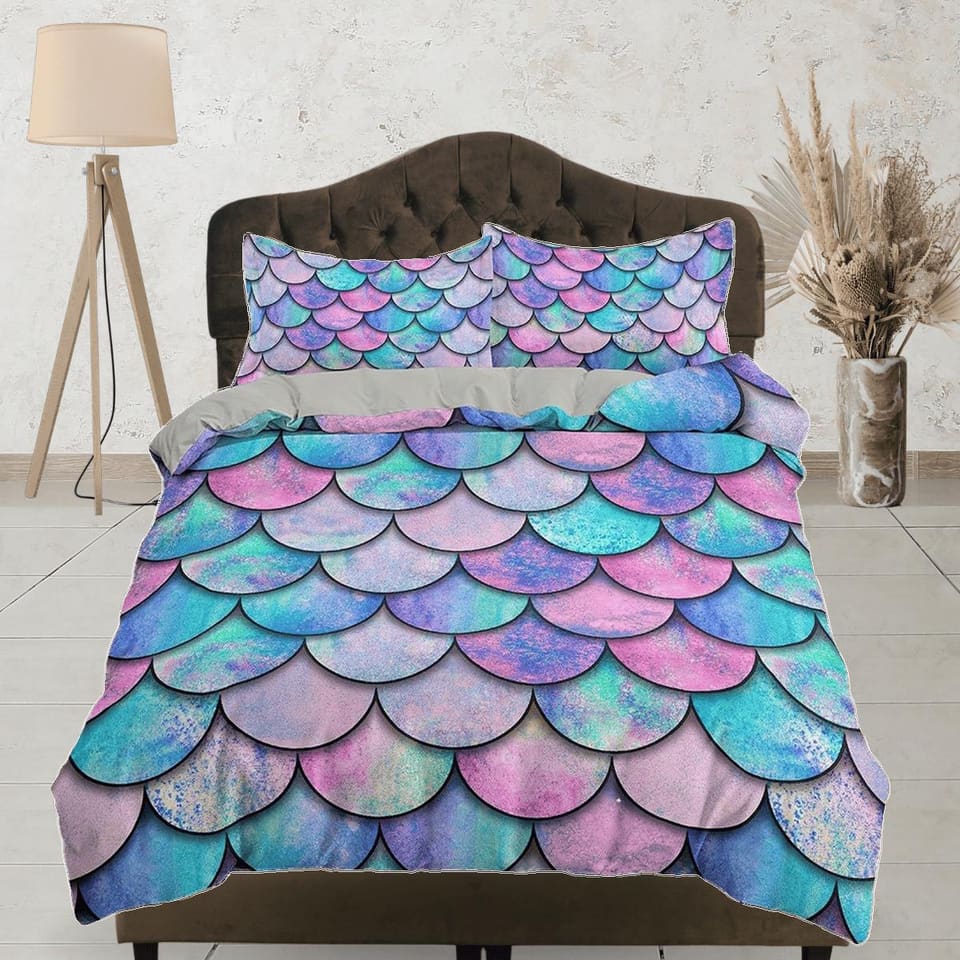Mermaid Fish Scales Kids Duvet Cover Set, Colorful Toddler Bedding, Kids Bedroom, Cute Bedding, Duvet King Queen Full Twin…