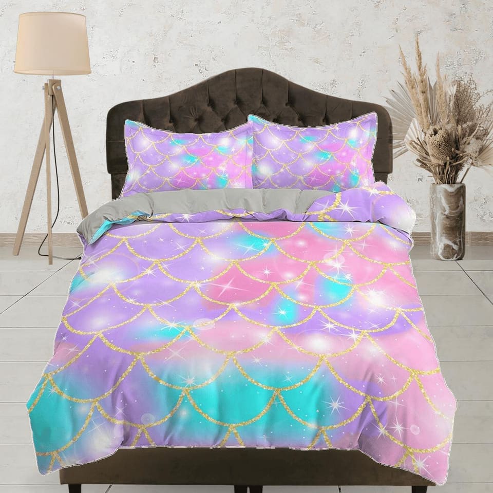 Mermaid Fish Scales Kids Pink Duvet Cover Set, Toddler Bedding, Unicorn Pastel Colors for Kids Bedroom, Cute Bedding, Duve…
