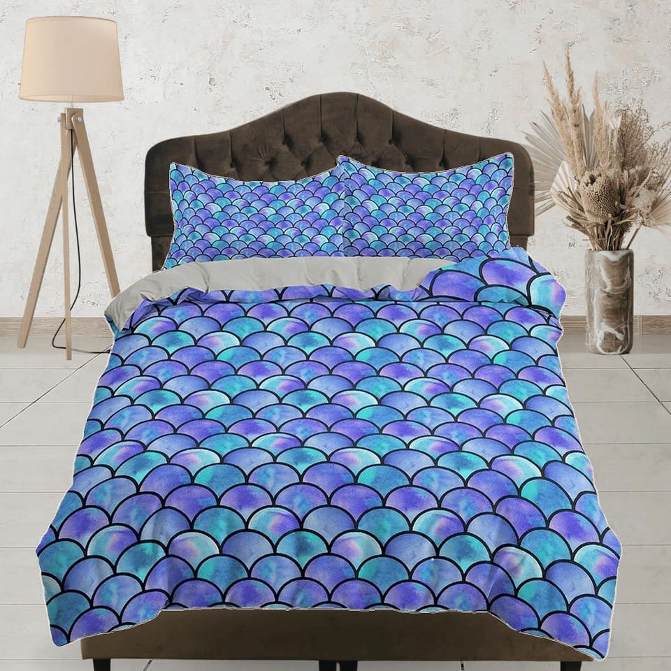 Mermaid Fish Scales Kids Purple Duvet Cover Set, Toddler Bedding, Fantasy Theme Bedroom, Cute Bedding, Duvet King Queen Fu…