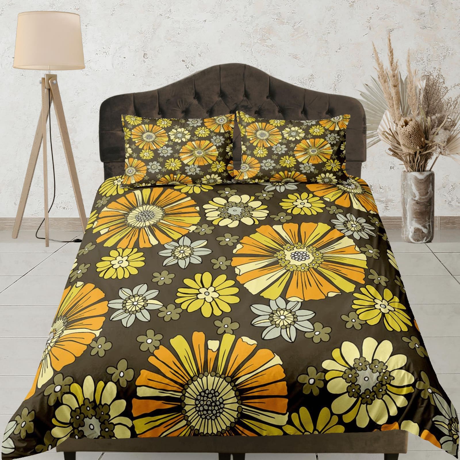 Mid century modern bedding brown floral duvet cover colorful retro bedding, vintage style boho chic bedspread aesthetic be…