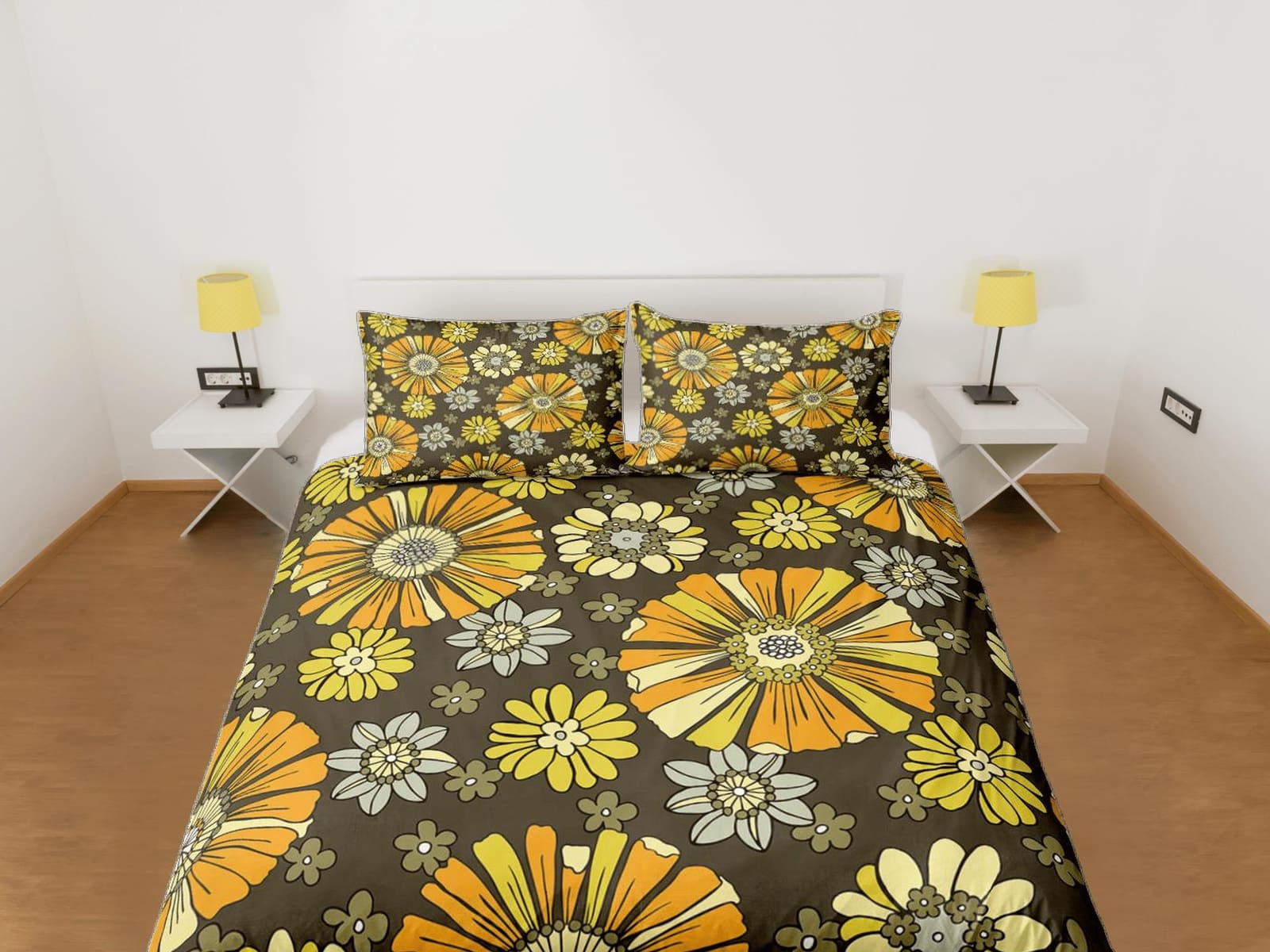 Mid century modern bedding brown floral duvet cover colorful retro bedding, vintage style boho chic bedspread aesthetic be…