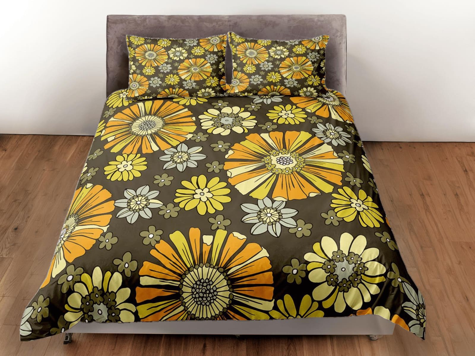 Mid century modern bedding brown floral duvet cover colorful retro bedding, vintage style boho chic bedspread aesthetic be…