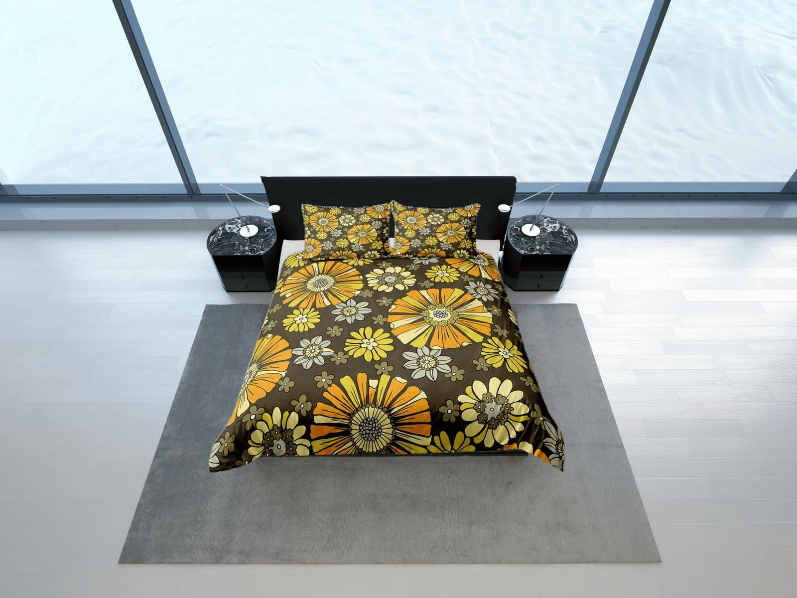 Mid century modern bedding brown floral duvet cover colorful retro bedding, vintage style boho chic bedspread aesthetic be…